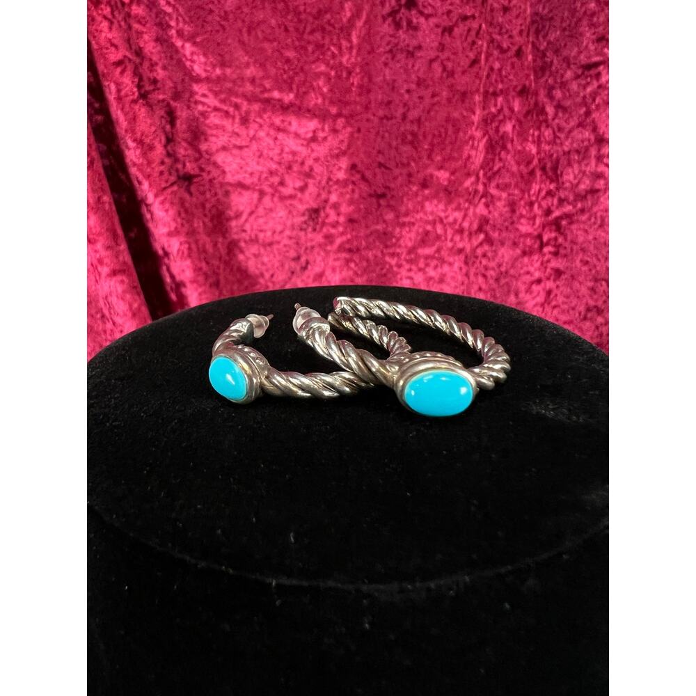 Vintage Style Sterling Silver Twisted Hoop Earring Cinderella Turquoise Cabochon